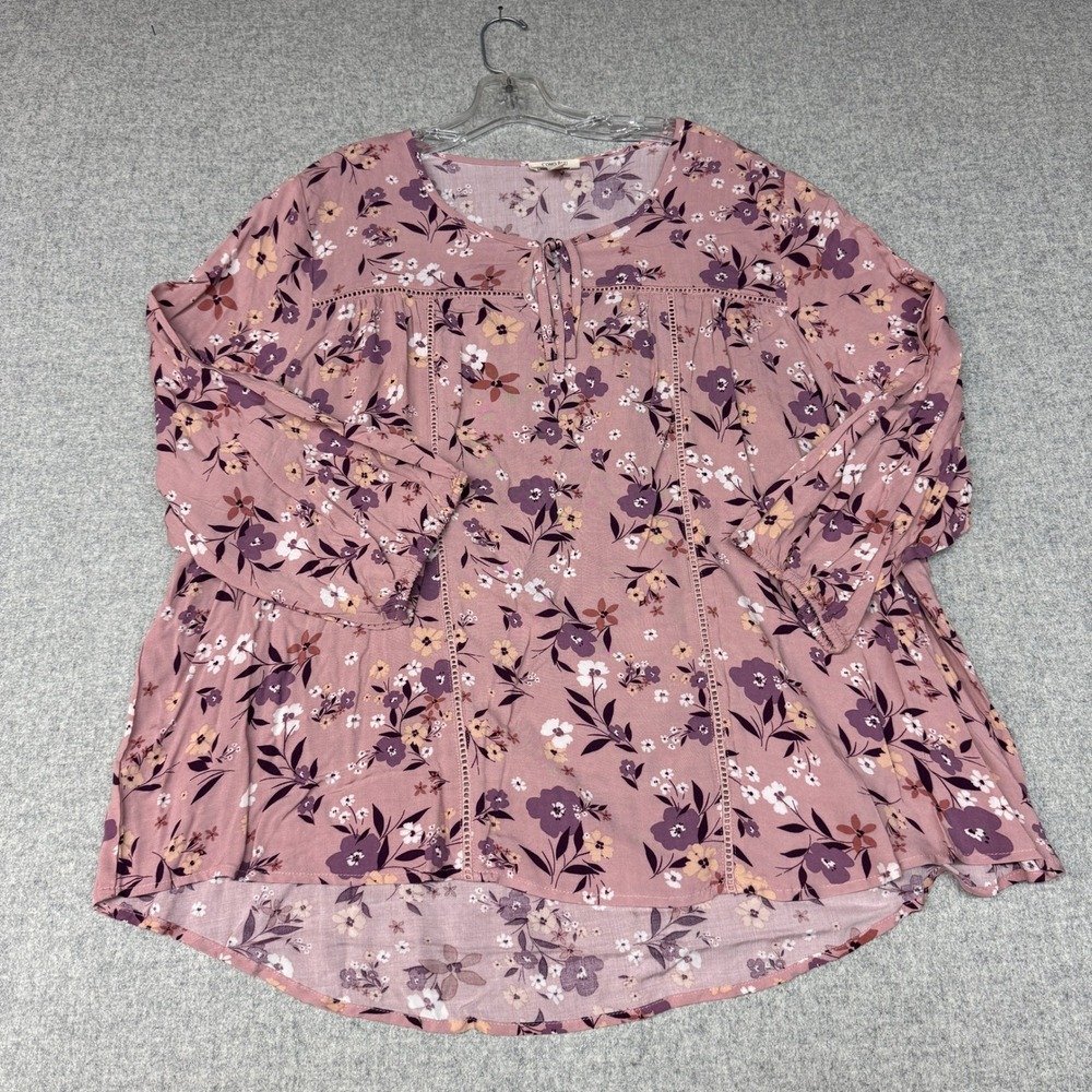 Como Blu Blouse 2X Pink Floral Tie Neck Crochet Trim Long Sleeve Rayon Top Woman